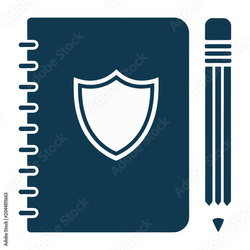 Sleek vector of notebook with a shield emblem paired beside a pencil for secure note-taking or protected information concepts