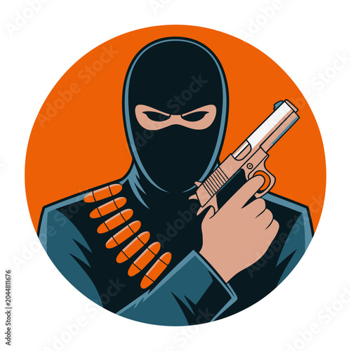 Vector of masked individual holding a gun with capsules scattered around them in a bold orange and dark background
