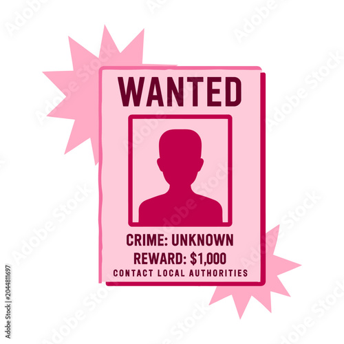 Stylish vector wanted poster featuring an unknown person with a one thousand dollar reward and contact instructions for local authorities