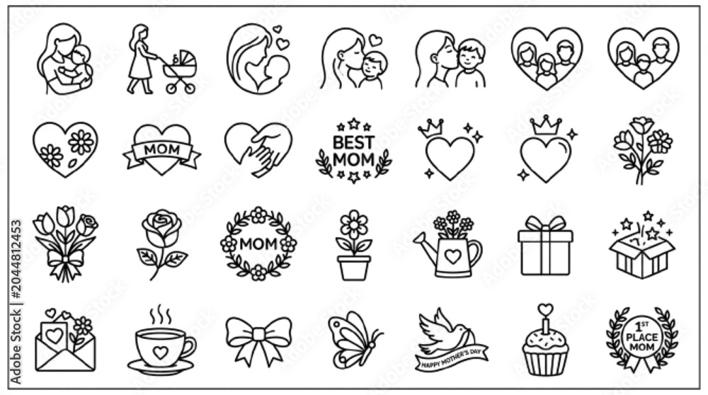 Fototapeta premium Premium commercial vector set featuring 25 unique elements related to Mother's Day, including mother and child, heart, flower bouquet, gift box, greeting card, tea cup, butterfly, ribbon, family symbo