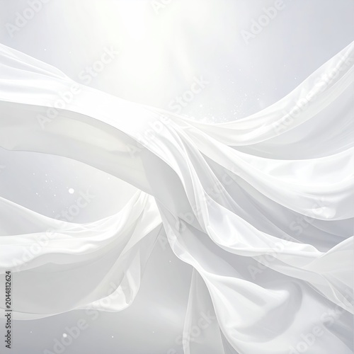 Flowing white fabric dances with ethereal light and shimmering particles