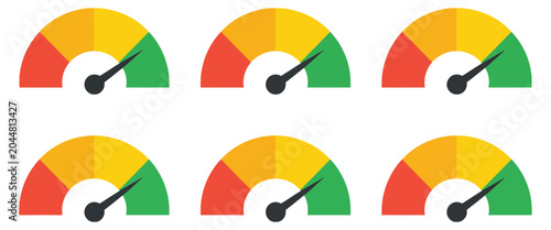 Konstfotografi Speedometer gauge icon set, six meter indicators with different needle positions, speed levels, performance measurement, dashboard UI design elements