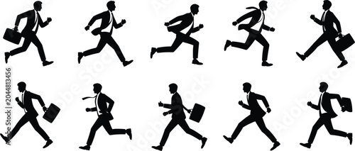 Ten black silhouettes of businessmen running with briefcases in formal attire businessman motion