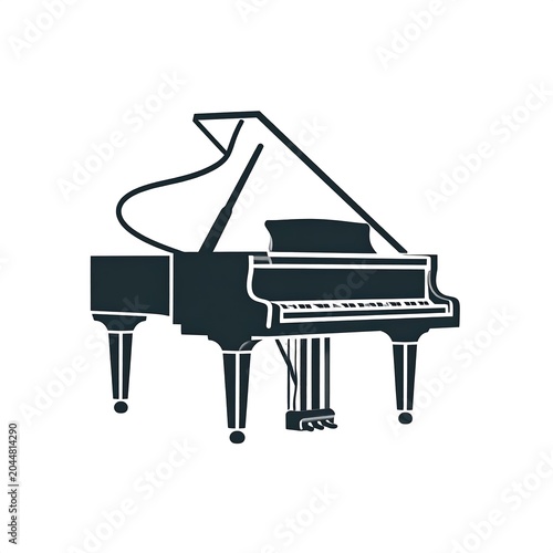 A black and white illustration of a grand piano with its lid open