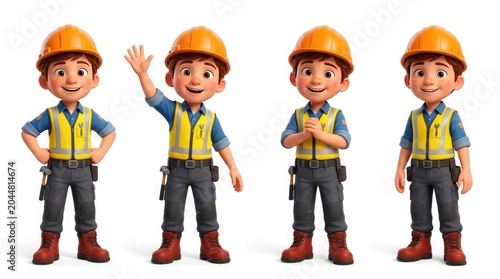 Four poses of a young male construction worker cartoon character