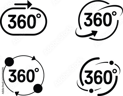 Photos 360 degree, icon set, rotational arrow symbols and panoramic view signs for virt