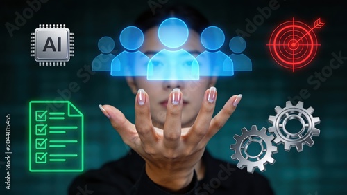 Woman managing human resources with artificial intelligence and workflow icons.