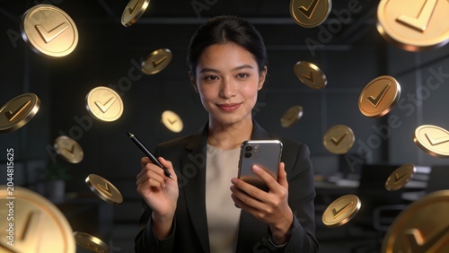 Young woman holds smartphone and pen surrounded by floating gold coins concept.