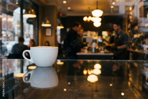 White coffee cup on glass table in cafe with blurred people background web banner.