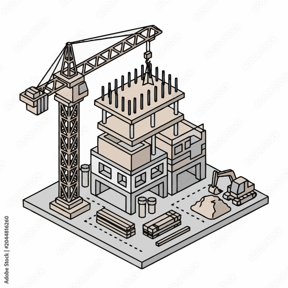 Naklejka premium Construction site with crane and building in progress isometric view.