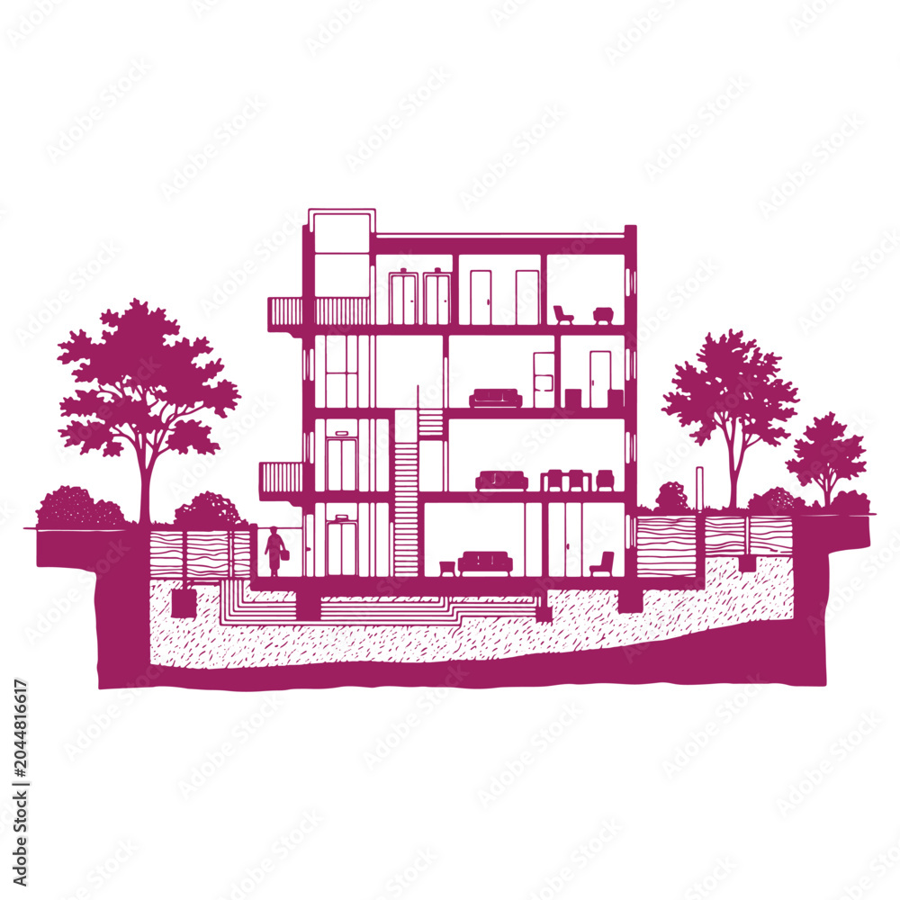 Naklejka premium Modern house interior section with furniture and trees isolated on transparent background