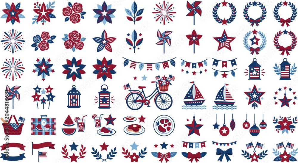 Fototapeta premium Patriotic icons and symbols for independence day or fourth of july celebrations in red white and blue colors