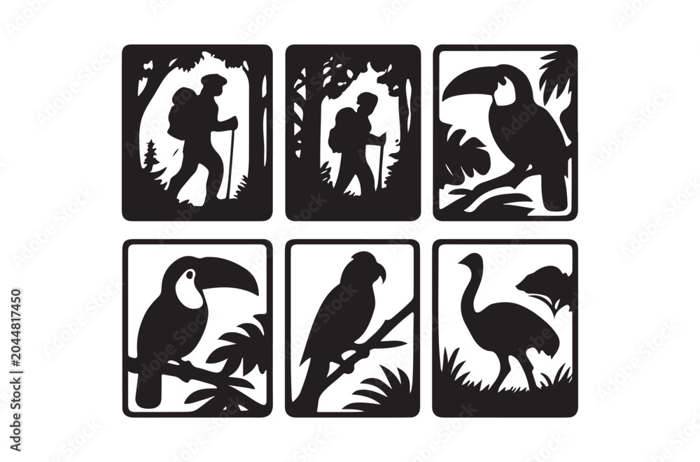 Obraz premium Animal And Hiker Silhouettes On White Background Black Vector Graphics