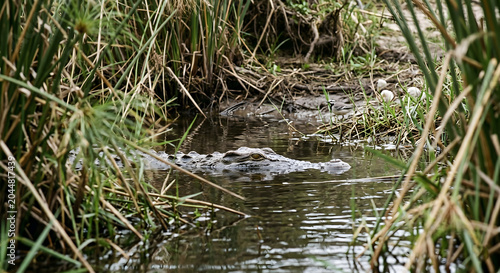 Photos A crocodile swimming in a narrow river channel surrounded by tall green reeds