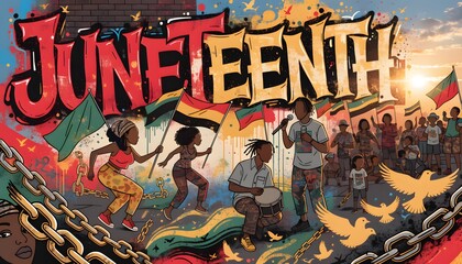 Colorful Juneteenth Celebration Mural with Vibrant Graffiti Art and Cultural Symbols at Sunset