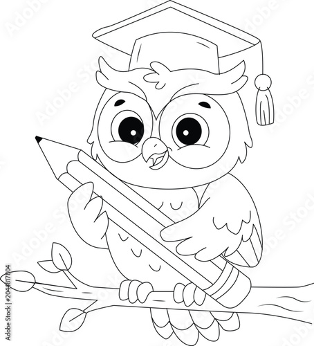 Owl wearing graduation cap holding pencil line art black, white drawing