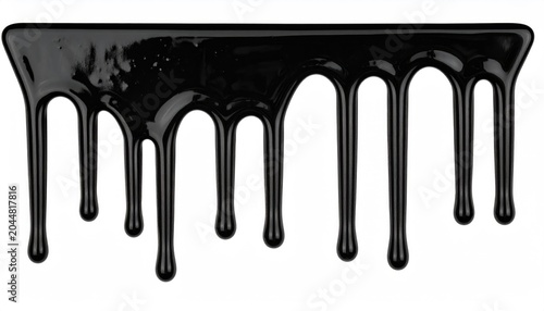 Glossy black liquid dripping in strings against a white background