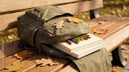Green canvas backpack with notebooks and colorful crayons spilling out, resting on a wooden park bench. Scattered autumn leaves create a warm, inviting atmosphere.