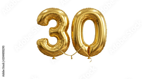 Two shiny golden foil balloons forming the number 30, celebrating a thirtieth birthday or anniversary against a white background.