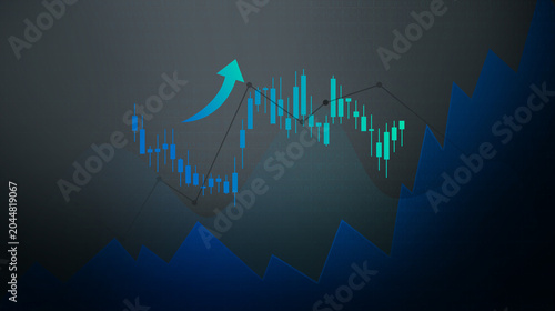 Tablou pe pânză Stock Market Trend Analysis: A dynamic visual representation of stock market trends, featuring candlestick charts, an upward-trending arrow, and a fluctuating graph