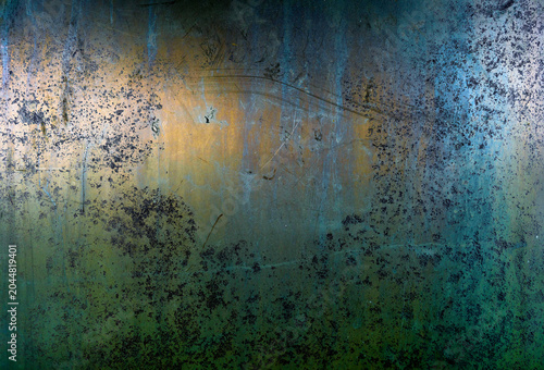 Deep Green and Copper Metal Corrosion Texture.Rich oxidized surface with green patina and copper rust mix, suitable for high-end texture libraries and moody abstract backgrounds.