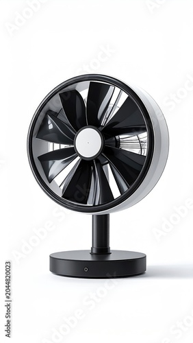 Sleek, modern desk fan with reflective blades on a black base