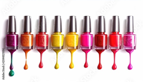 Row of vibrant nail polish bottles with dripping polish