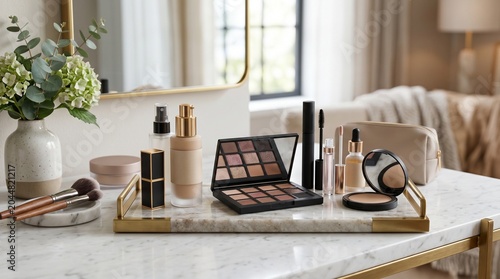 Luxury makeup collection and skincare on marble vanity tray with beauty tools