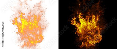 Obraz na plátně Realistic fire flames on black and white backgrounds, blazing orange fire sparks