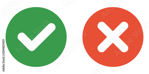 Tableau sur toile Checkmark right symbol and cross wrong sign set, green approval tick and red denial icon, modern UI flat vector symbols, isolated white background design