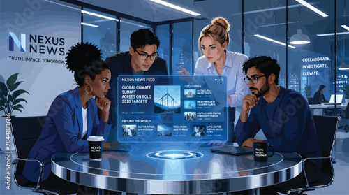 Diverse Business Team Collaborating on Futuristic Holographic Display in Modern Office