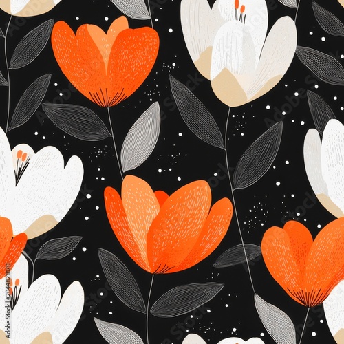 Seamless pattern featuring stylized orange and white tulips on a dark background, ideal for textile prints, wallpaper, wrapping paper, and creative surface decoration projects