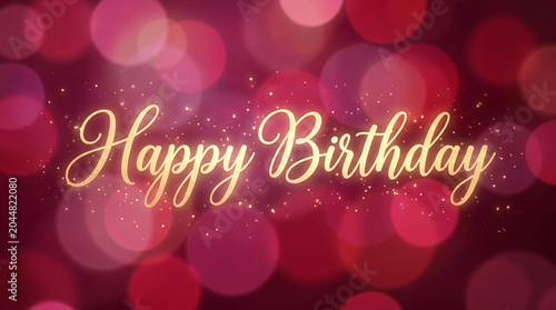 Happy Birthday Elegant Golden Calligraphy Text on Pink and Burgundy Bokeh Lights Background with Glitter Sparks 
