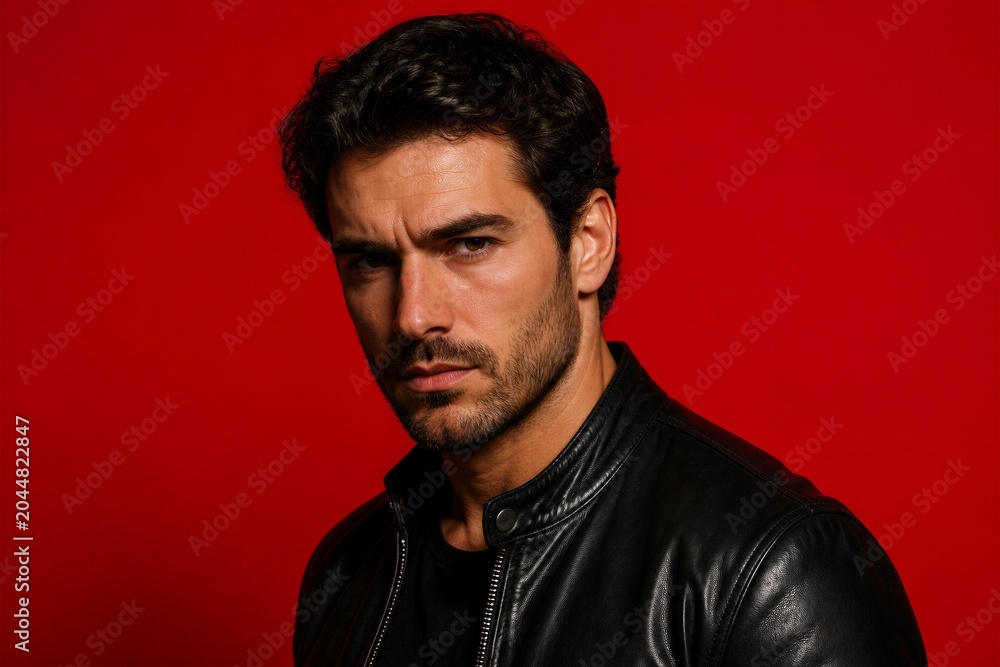 Obraz premium Man posing with leather jacket against red studio background