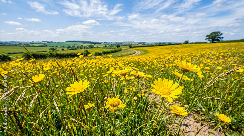 Obraz premium beautiful vibrant yellow wildflower field blossoming across rolling green countryside hills under bright clear blue sky featuring fluffy white summer clouds