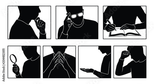 Set of silhouettes of a man in various thinking and working poses
