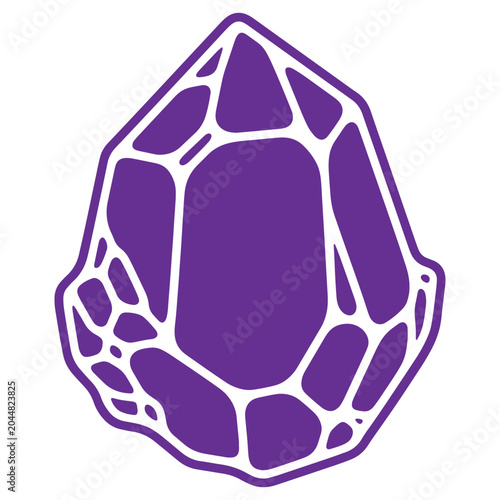 Stylized purple crystal with white outline and facets representing precious gems minerals and abstract geological formations isolated on a white background