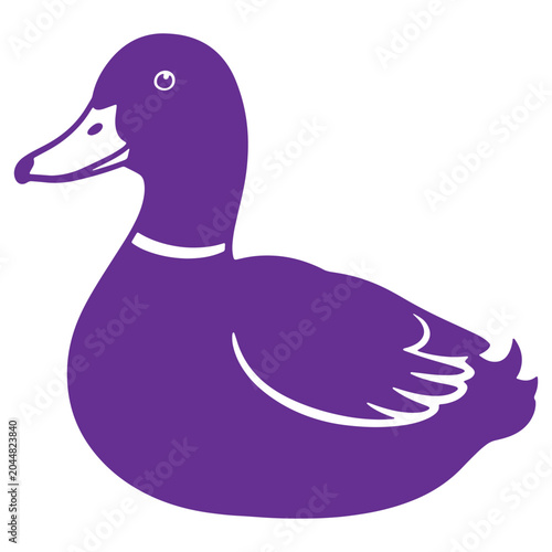 Stylized purple duck silhouette with white accents on its beak and eye isolated on a plain background ideal for graphic design elements and whimsical animal illustrations