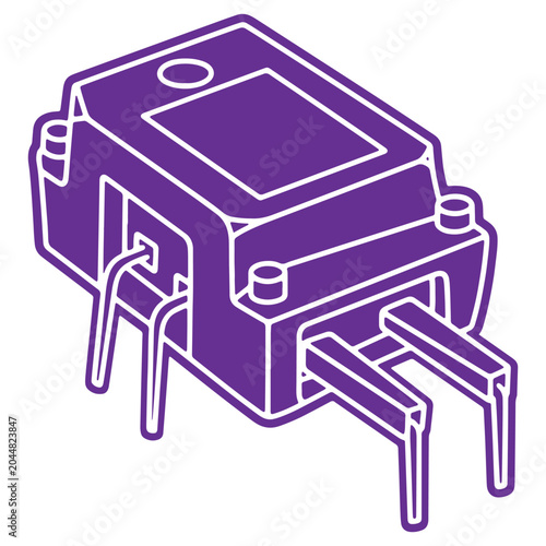 Stylized purple electronic component with two pairs of metal legs and wires for connection in a clean isometric perspective isolated on transparent background