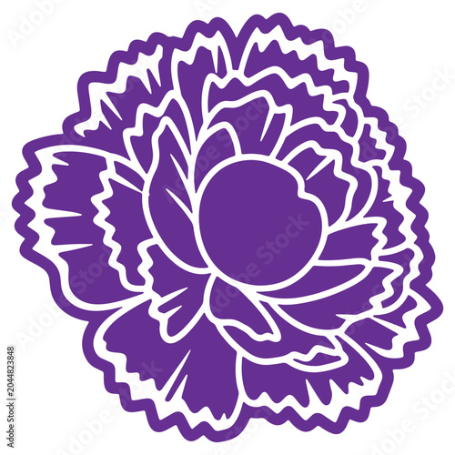 Stylized purple flower with intricate layered petals and a circular center isolated on a white background representing floral beauty and decorative elements