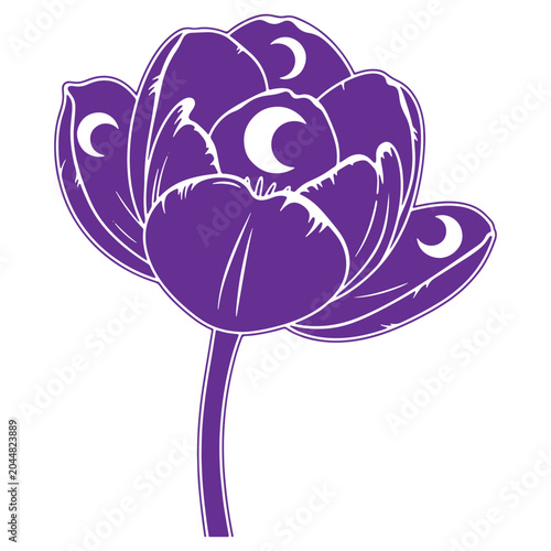 Stylized purple tulip silhouette with crescent moon symbols integrated into its petals isolated on a clean white background representing a mystical floral design