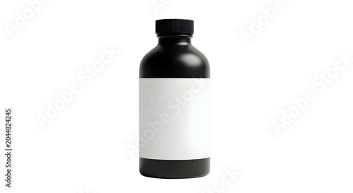 Black Glass Bottle Mockup with Blank White Label on White Background