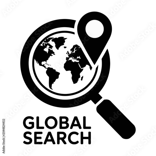 Sleek vector of magnifying glass focusing on a globe with a location pin labeled global search.