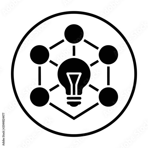 Sleek vector of a central glowing lightbulb connected to six surrounding nodes within a circular boundary