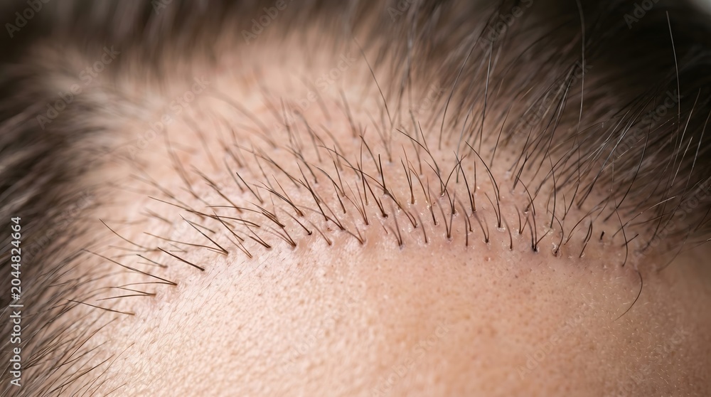 Naklejka premium Close-Up of Newly Growing Hairline After Hair Transplant
