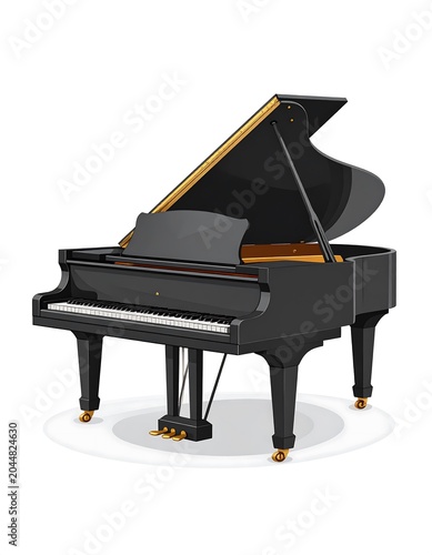 A black grand piano with its lid open on a white background