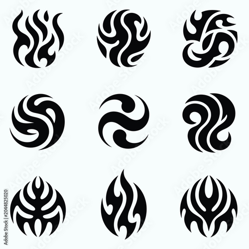 Set of black flame and swirl designs on white background  abstract shapes  graphic elements  decorative motifs