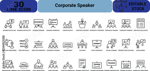 Corporate speaker training icon set featuring business education seminar workshop career growth teamwork leadership development management coaching online.