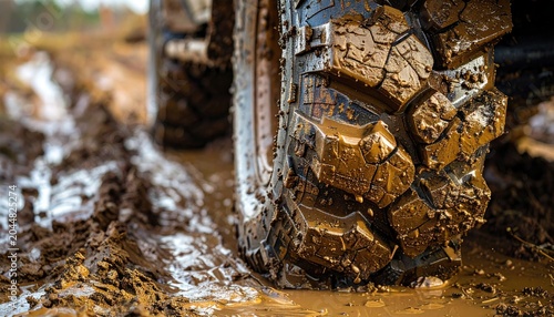 Extreme off-road tire sinks deep into thick, wet mud