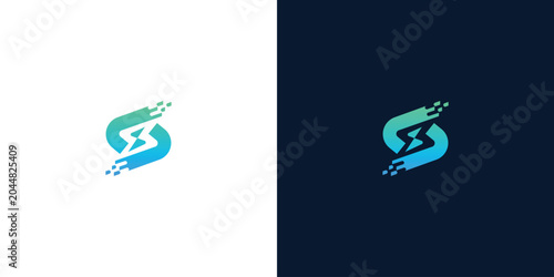 Cuadro en lienzo S monogram logo with a stylized lightning flash and abstract digital particles,